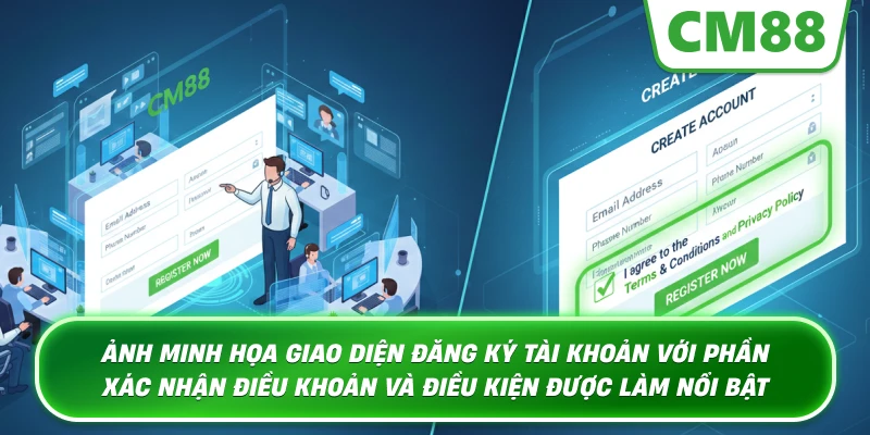 Ảnh minh họa giao diện đăng ký tài khoản với phần xác nhận Điều Khoản Và Điều Kiện được làm nổi bật