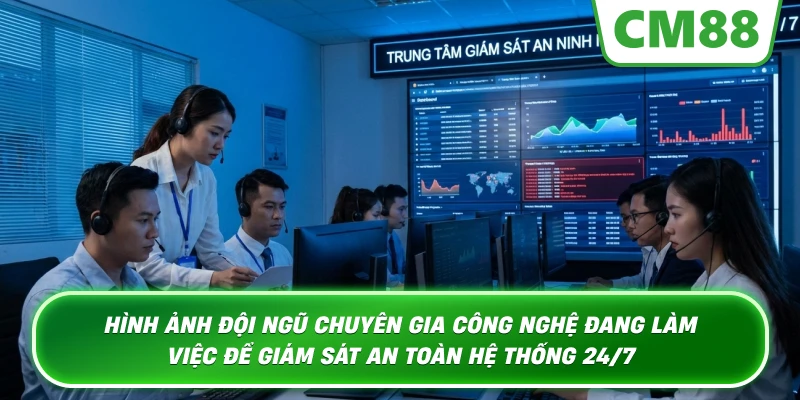 Hình ảnh đội ngũ chuyên gia công nghệ đang làm việc để giám sát an toàn hệ thống 24/7